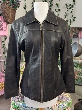 Vintage Brown Leather Jacket Fitted Moto 90s Classic Minimalist Size M